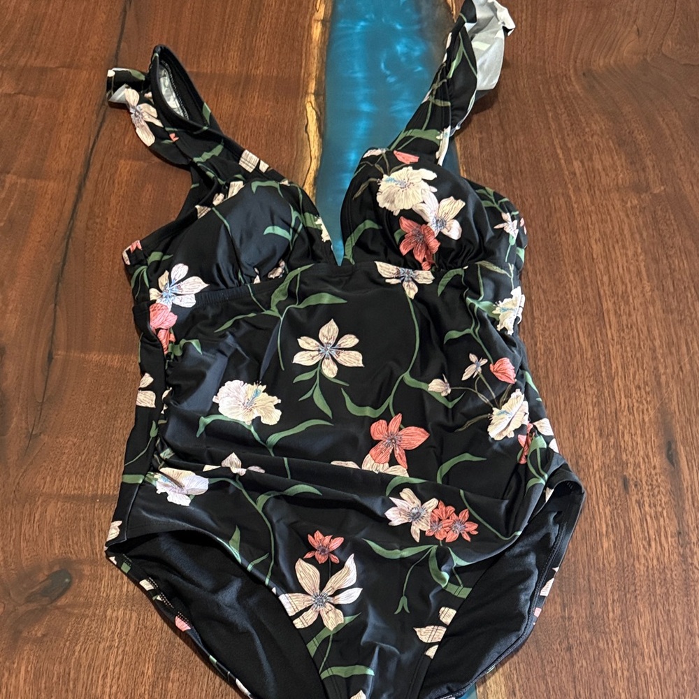 Shade & Shore Black Floral One-Piece Swimsuit with Pink, White & Green Accents
